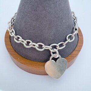 Heart Tag Round Link Chain Bracelet VTG Sterling Silver 925 Size 8.5" Length